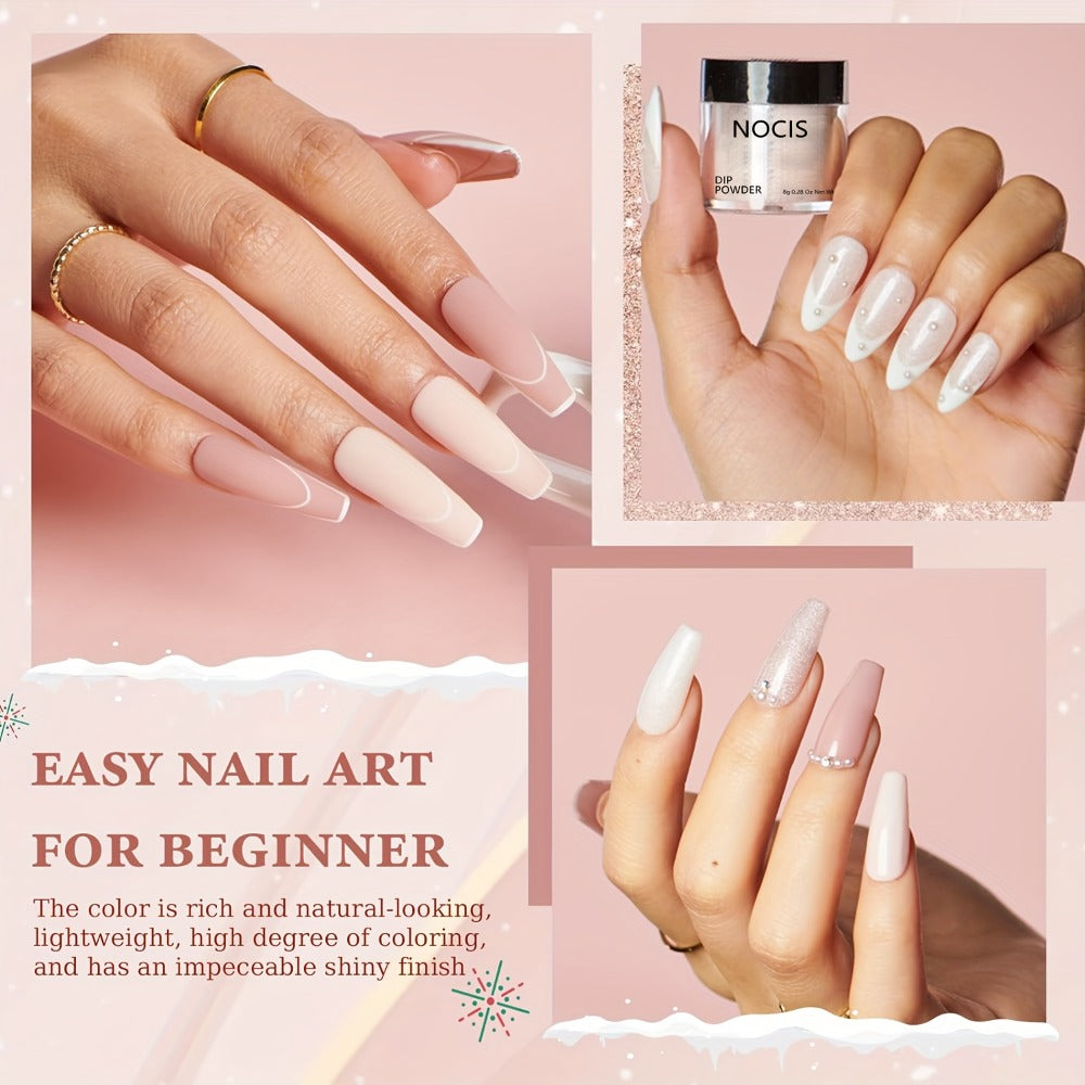 Dip Powder Nail Kit with NOCIS Label, Four Nude Blush Shimmer Powders, Three 10ml Liquids and Four Tools