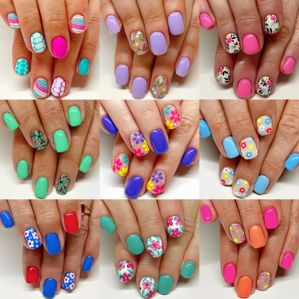 Press On Nails 216-Piece Short Full-Cover Set with Floral, Plant and Flower Designs for Spring and Summer