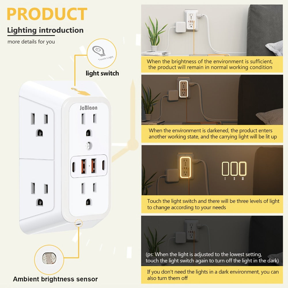 3-Sided Wall Outlet Extender 10-in-1 with 6 AC Outlets & 4 USB Ports (2 USB-A & 2 USB-C) for an Everyday Personal Care Routine