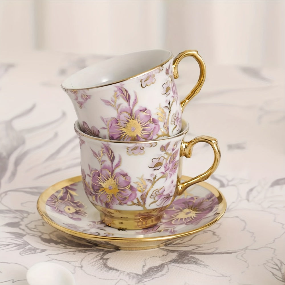 20-Piece Floral Ceramic Tea Set with Saucers & Metal Stand, European Afternoon Tea Service, Blooming Design
