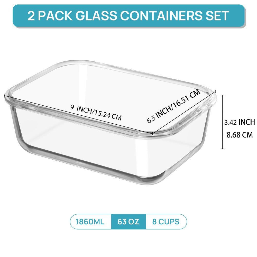 Large Glass Food Storage Containers with Lids 2 Pack, 63oz Borosilicate Glass Meal Prep Containers