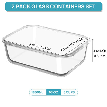 Large Glass Food Storage Containers with Lids 2 Pack, 63oz Borosilicate Glass Meal Prep Containers