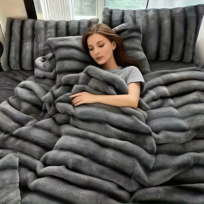 Double-Layer Faux Rabbit Fleece Blanket in Grey, Khaki or Beige with Five Sizes from Small Throw to King