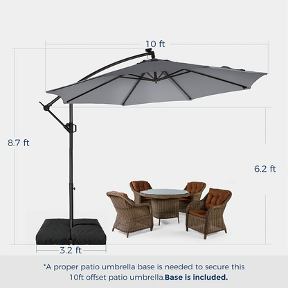 Patio Umbrella 10FT Solar LED Cantilever Style with 32 Lights, Eight-Rib Frame, Tilt and Four Colors