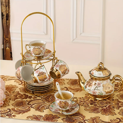 Floral Ceramic Tea Set 20 Pcs – European Porcelain Tea Cups & Saucers with Metal Holder & 15 Oz Teapot – Luxury Arabic Coffee Cup Set