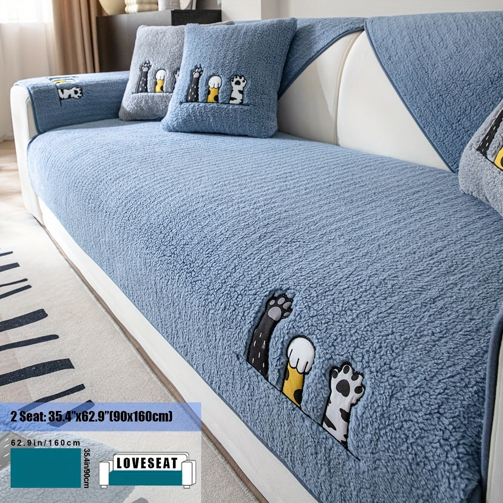 Sofa Cover, Sherpa Plush Cat-Paw Embroidered Seat Pad with Backing Detail in Four Colors and Seven Sizes