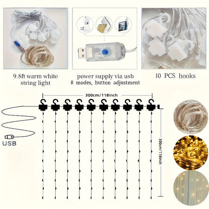 Champagne Tulle Photography Backdrop Set with Two Curtain Panels, USB String Lights and Ten Hooks