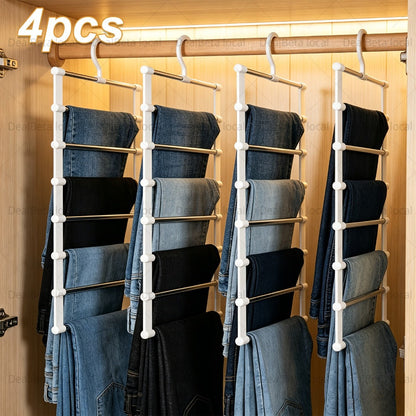 Pants Hangers Foldable Multi-Layer Stainless Steel | Non-Slip Space Saving Closet Organizer for Jeans Leggings Scarves Trousers | 4 or 8