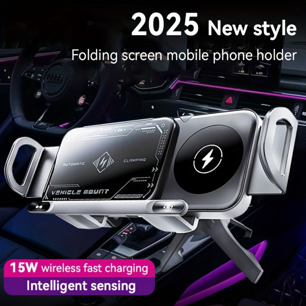 Dual-Coil Wireless Charging Car Mount with 15W Label, Fold-Screen Support and Three Configurations