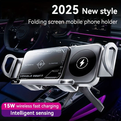 Dual-Coil Wireless Charging Car Mount with 15W Label, Fold-Screen Support and Three Configurations