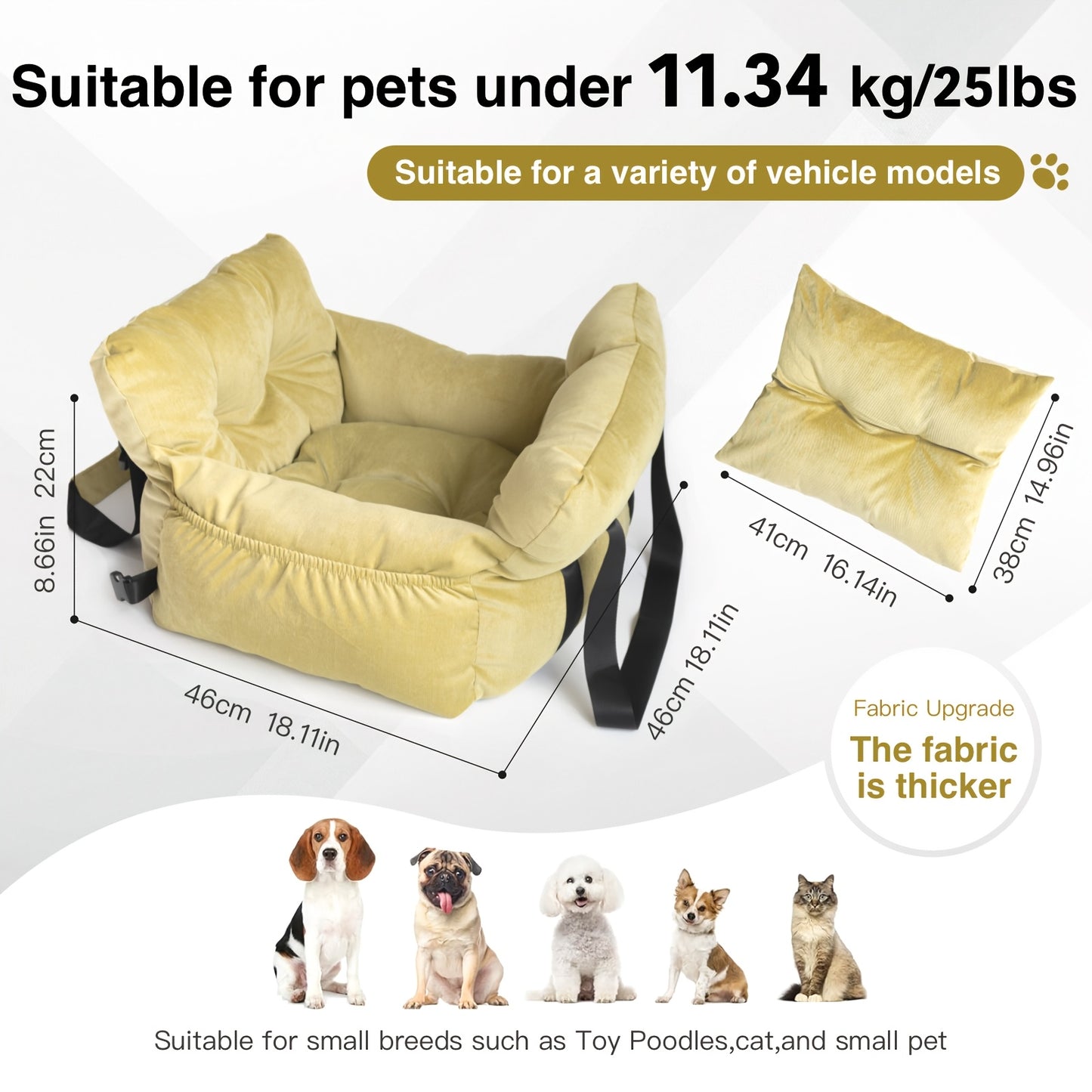 Dog Car Seat Carrier Booster with Safety Harness – Pet Travel Seat for Dogs & Cats, Handheld & Shoulder Strap, Fits Front & Back Seat