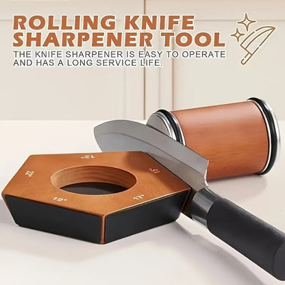 Rolling Knife Sharpener with Two-Angle or Five-Sided Magnetic Base Options in Wood Finish Design