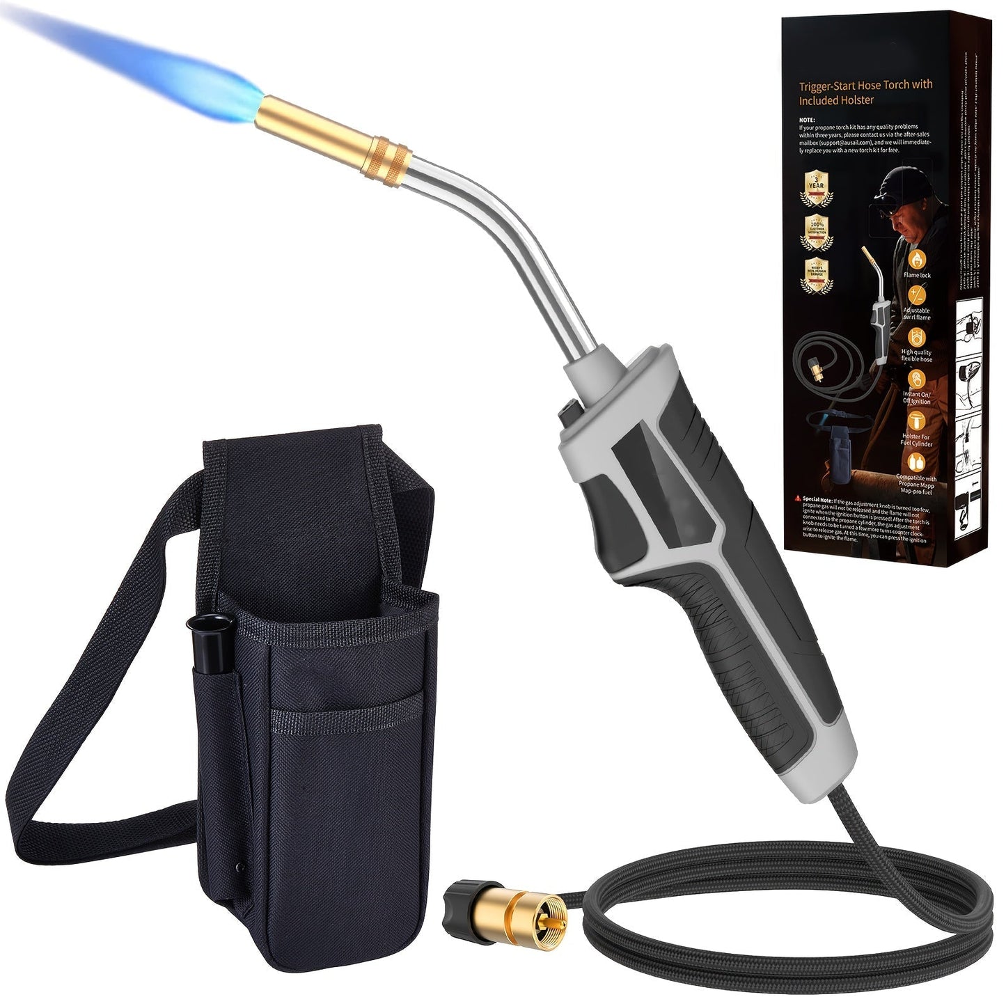 Trigger-Start Propane Torch Kit with 5 ft Hose and Holster or Cylinder Clip Configuration for Work Areas