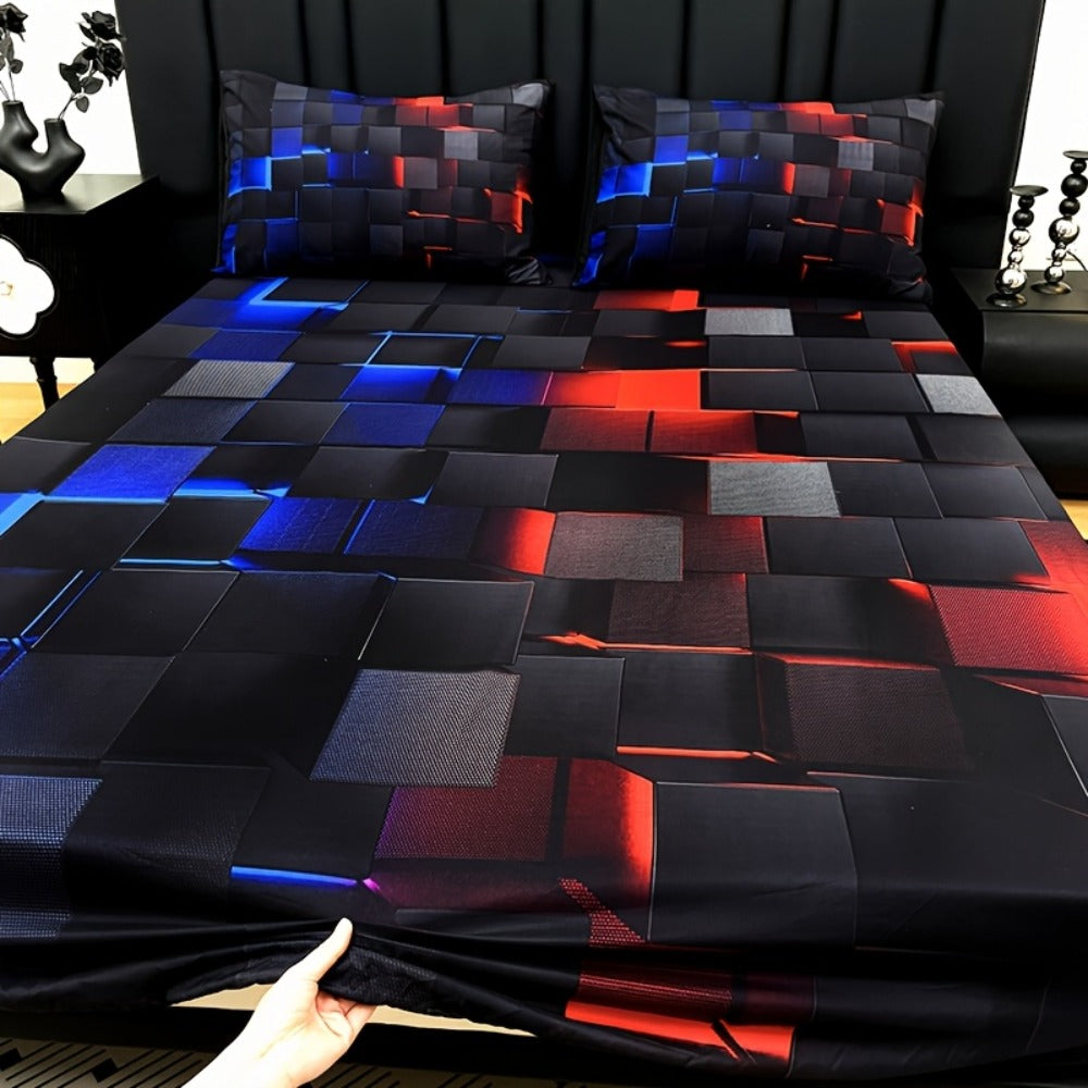 Fitted Sheet Set 3pcs Plaid Digital Print Deep Pocket 15" All Season Bed Sheet + 2 Pillowcases No Filling Twin Full Queen King