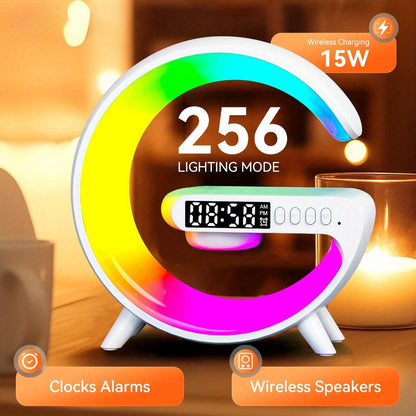 G-Shaped RGB Wireless Charging Lamp with Alarm Clock, Bluetooth Speaker and Black or White Finish