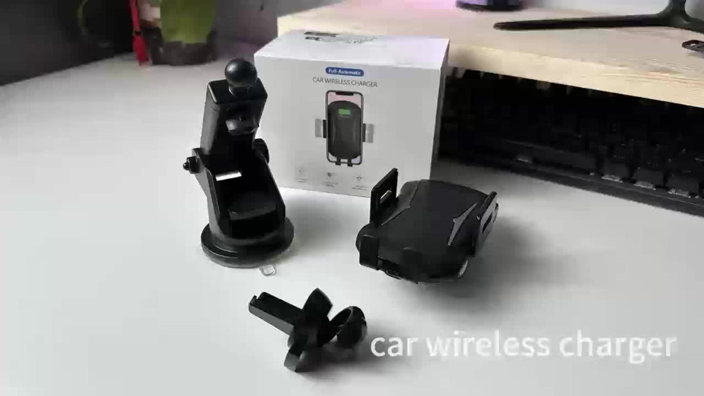 10W Auto-Sensing Car Phone Mount with Wireless Charging Clamp, Vent Clip and Suction-Style Base