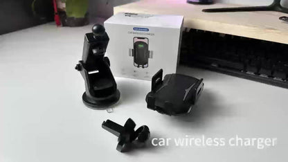 10W Auto-Sensing Car Phone Mount with Wireless Charging Clamp, Vent Clip and Suction-Style Base