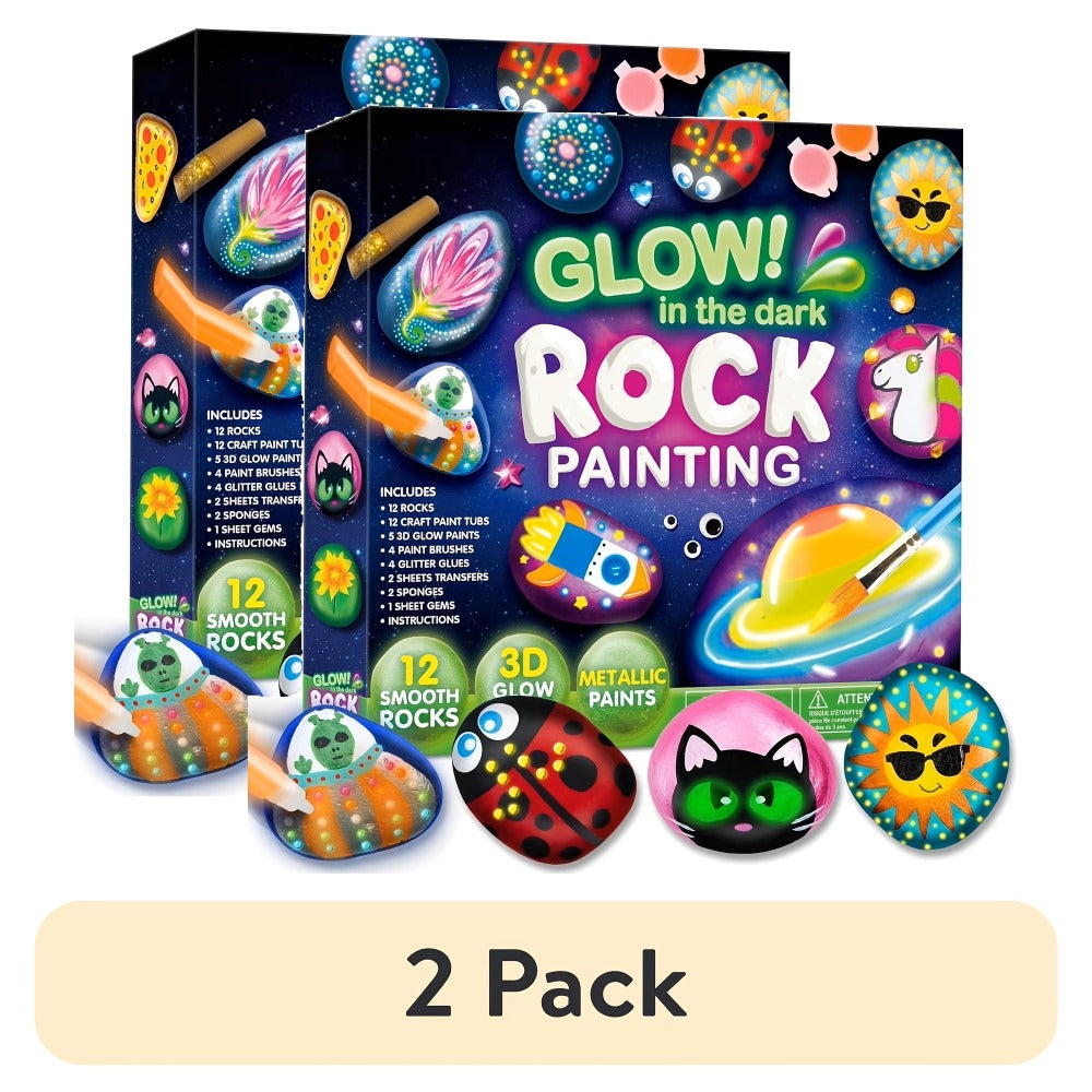 Glow Rock Painting Craft Kit with 10 Rocks, Paints, Brushes, Gems and Stickers in One- or Two-Pack Options