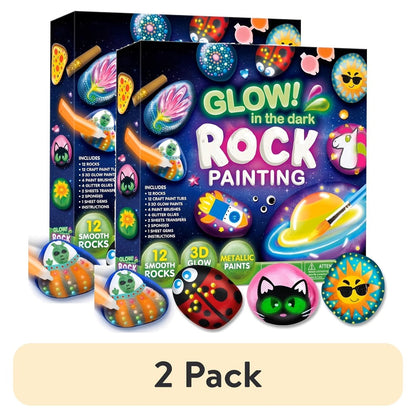 Glow Rock Painting Craft Kit with 10 Rocks, Paints, Brushes, Gems and Stickers in One- or Two-Pack Options