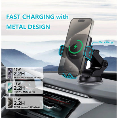 15W Auto-Clamping Wireless Car Phone Mount with Dashboard Suction Base and Blue or Gold Finish