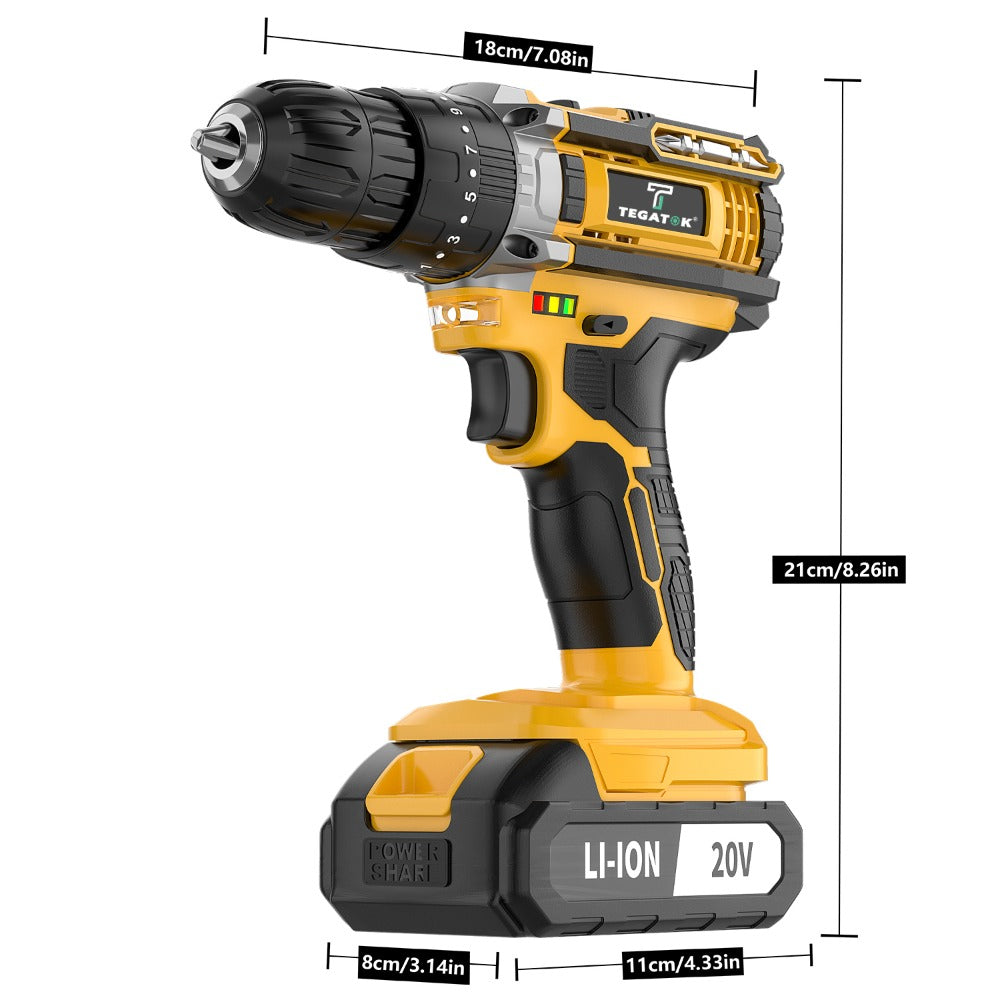 Cordless Drill Set 20V - Tegatok Impact Drill Kit with 45Nm Torque, 23-Speed Settings, LED Light