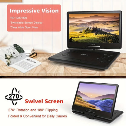 Portable DVD Player 14.1 Inch HD Screen, AV IN/OUT Sync TV & Projector, 270° Rotating Screen, Region Free