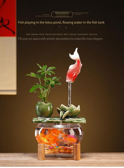 USB Desktop Fish Waterfall Fountain with Glass Bowl, Relaxing Indoor Water Feature Tabletop Decor Zen Fountain Gift