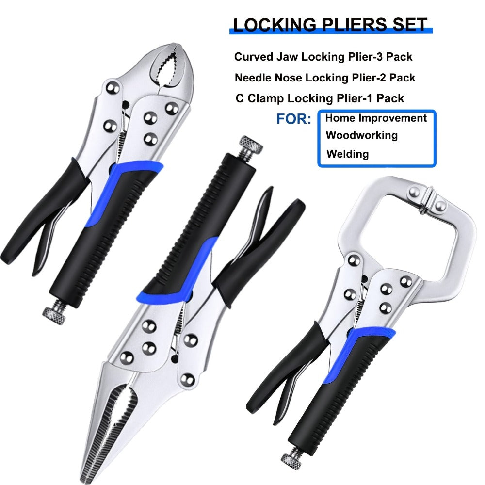 Pliers Set 6-Piece, Needle Nose, Curved & Locking C-Type Pliers, 5-10 Inch Sizes, Versatile Vise Grip Tool Kit for Home
