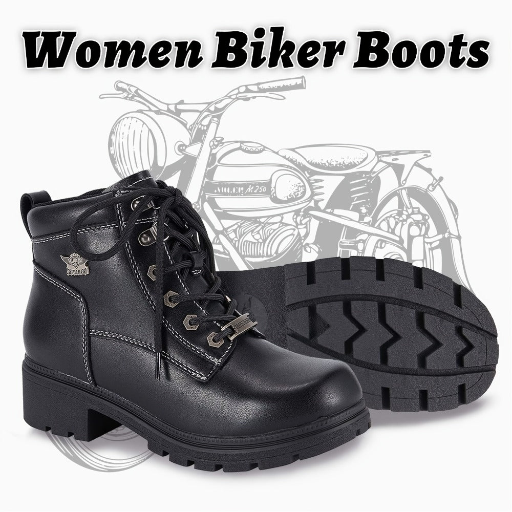 Women's Motorcycle Riding Boots, Low Heel Lace-Up Ankle Booties with Side Zipper, Non-Slip Rubber Sole Biker Combat Boots in Black Faux
