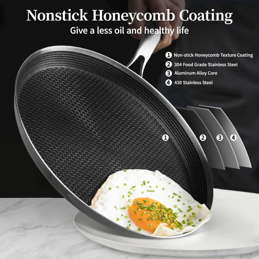 Stainless Steel Crepe Pan 11 Inch with Honeycomb Cooking Surface, Lid and Triple-Layer Base for Pancakes and Tortillas