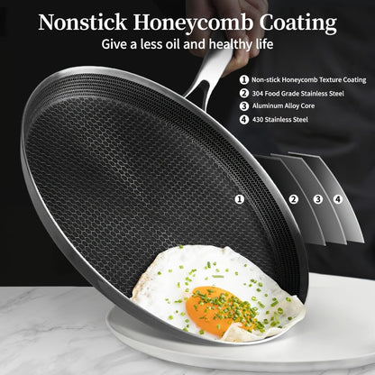 Stainless Steel Crepe Pan 11 Inch with Honeycomb Cooking Surface, Lid and Triple-Layer Base for Pancakes and Tortillas