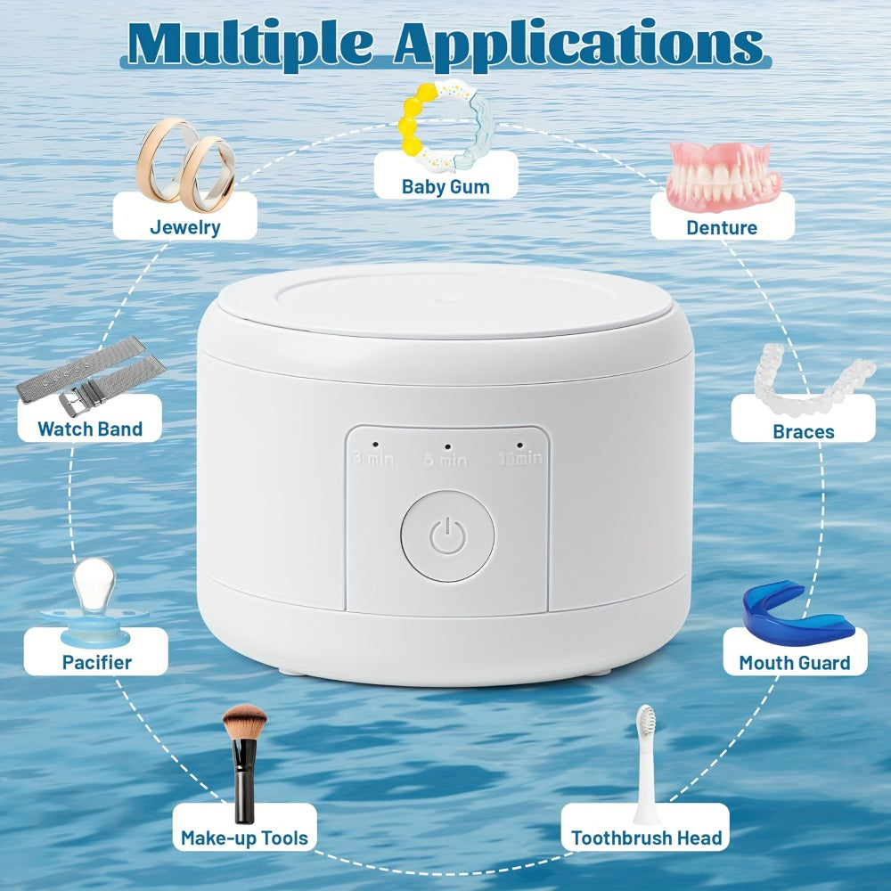 Electric Ultrasonic Cleaner Machine for Dentures Jewelry & Glasses – USB Rechargeable 3 Speeds Auto Timer 180ml Tank One-Touch Portable