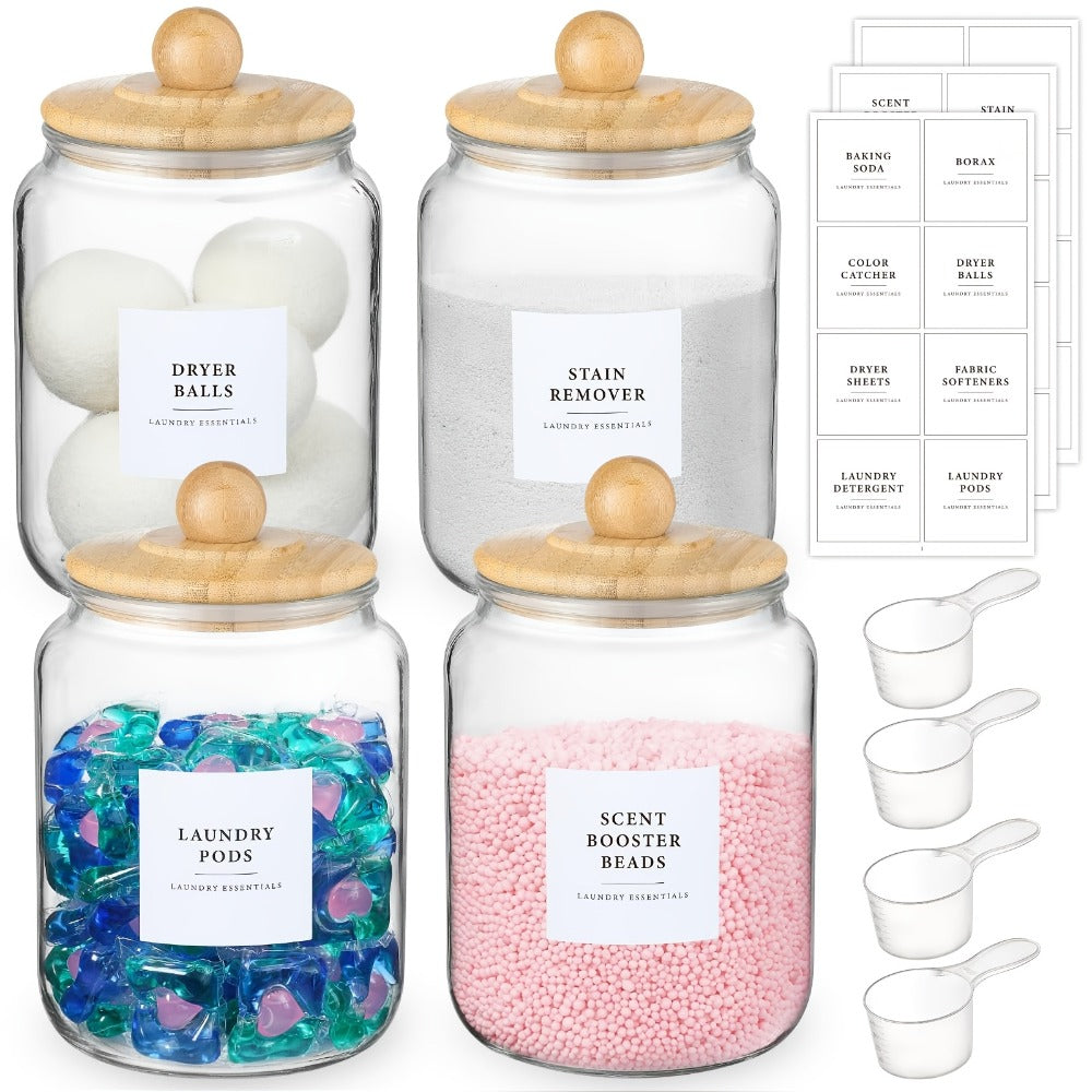 Airtight Glass Jars with Lids Labels and Spoons Half Gallon Storage Canisters for Laundry Detergent Pods Scent Booster Beads Kitchen Pantry