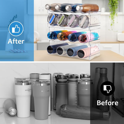 Water Bottle Rack Kitchen Organizer 4-Tier Clear Stackable Shelf with 16-Bottle Capacity for Kitchen and Home Organization