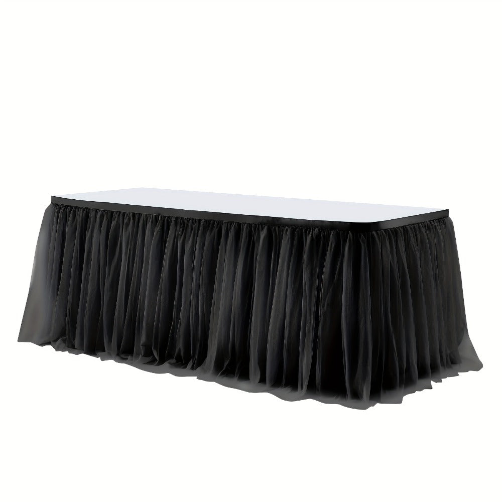 Six-Foot Gathered Tulle Table Skirt with Ten Solid or Multicolor Options for Parties and Events