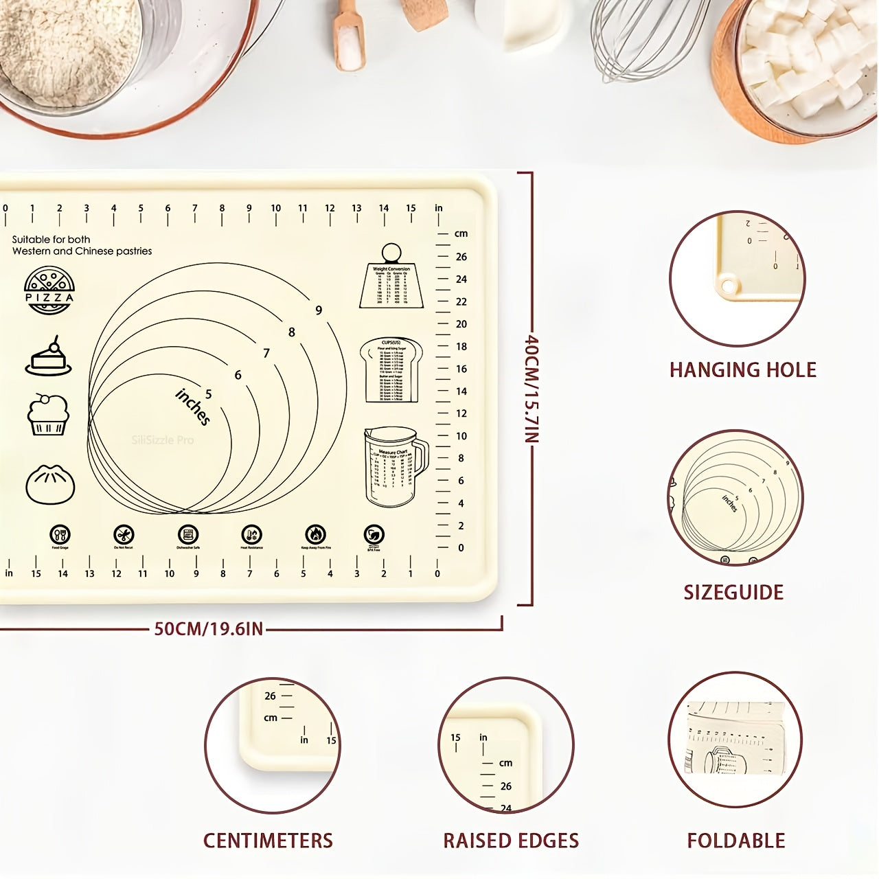 Silicone Pastry Mat Extra Thick Baking Mat with Measurements for Dough Rolling Pizza Cake for Entryways, Bedrooms and Living Spaces