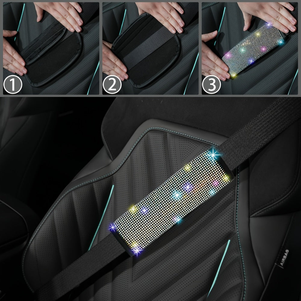 8-Piece Rhinestone Car Interior Accessories Set with Steering Wheel Cover, Coasters and Seat Belt Pads