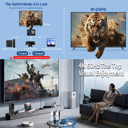 HDMI Switch 3 In 1 Out, 4K 1080P HD Video Switcher Splitter Hub, Adapter Converter for TV Box, Smart TV