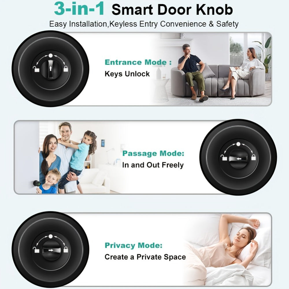 K10 Rechargeable Smart Door Knob with Fingerprint & App Control – 3-in-1 Keyless Entry, Entrance/Passage/Privacy Mode