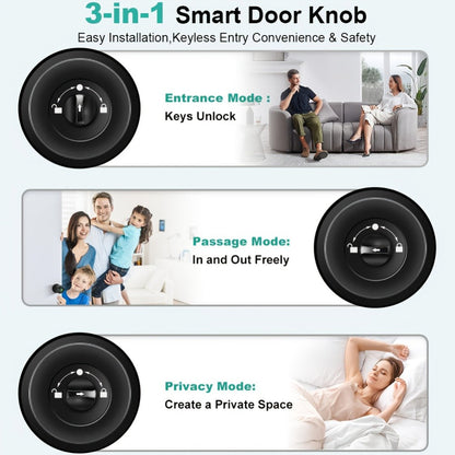 K10 Rechargeable Smart Door Knob with Fingerprint & App Control – 3-in-1 Keyless Entry, Entrance/Passage/Privacy Mode