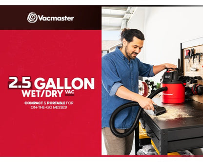 Wet Dry Vacuum Cleaner 2.5 Gallon Shop Vac, Vacmaster 2 Peak HP with Blower Function, Wall Mount & On-Board Storage for Garage