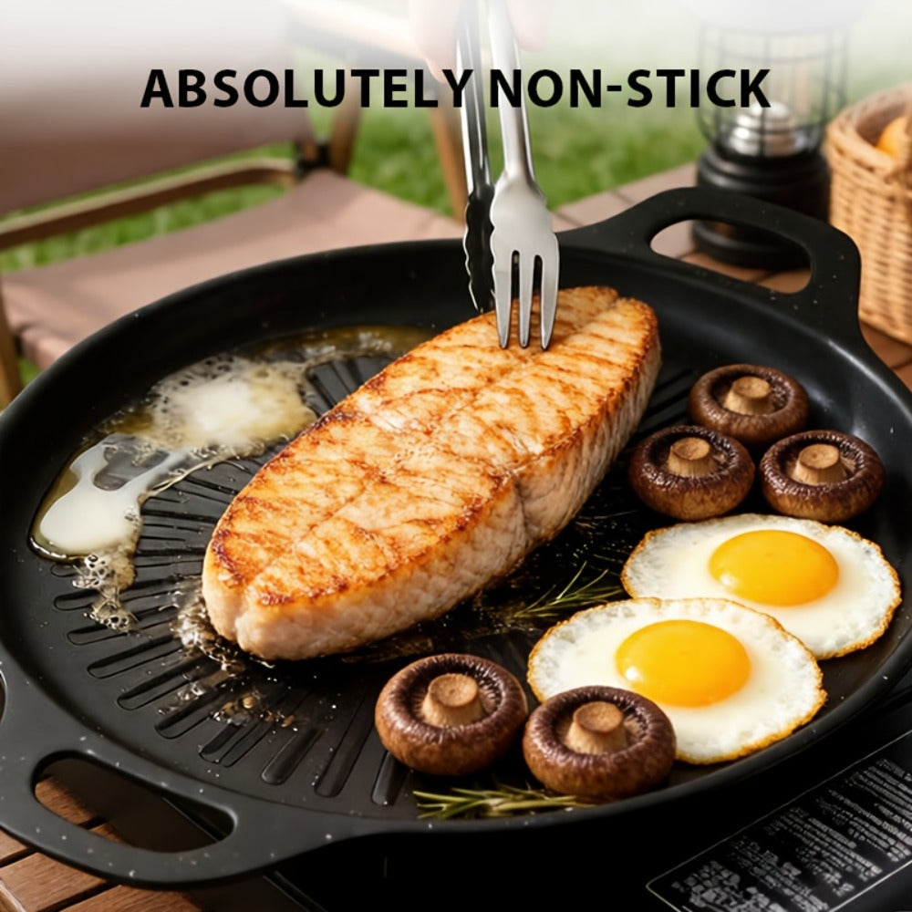 BBQ Griddle Pan Non-Stick with Oil Drain Groove & Double Handles for Home Cooking, Dining and Outdoor Meals