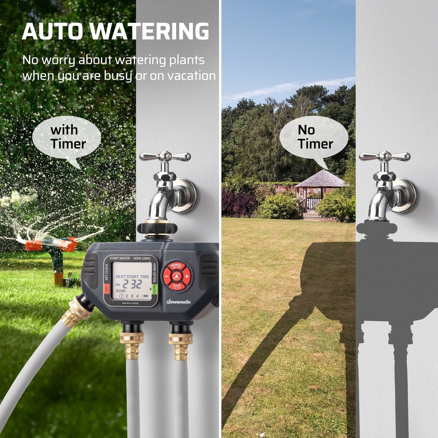 Four-Zone Digital Sprinkler Timer with Independent Water Outlets, LCD Screen, Manual Control and Rain-Delay Mode