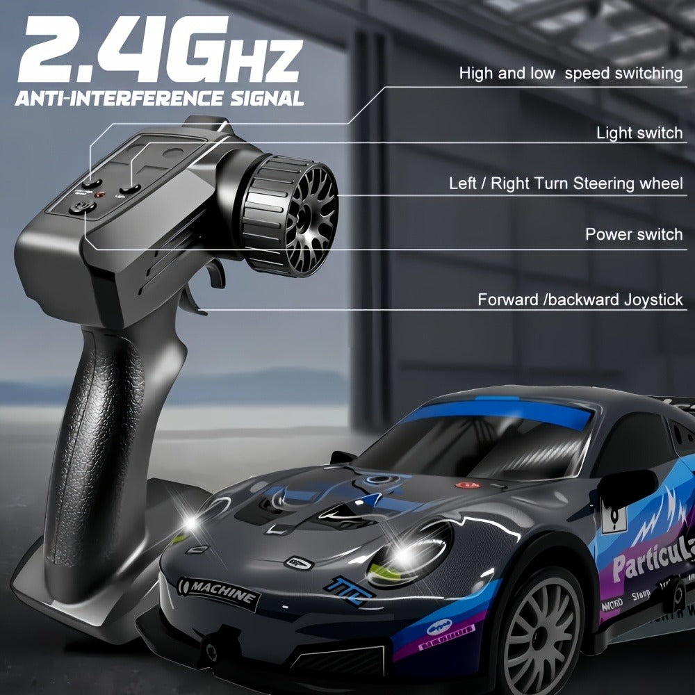 Alloy RC Drift Car 1:24 Scale 4WD 28KM/H with Drift Tires LED Lights Barricades & 2 Batteries