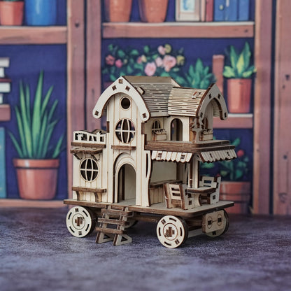 3D Wooden Puzzle Mobile Home on Wheels – DIY Café Bar Model Kit, Handcrafted Miniature House Assembly, Unique Desk Decoration Gift