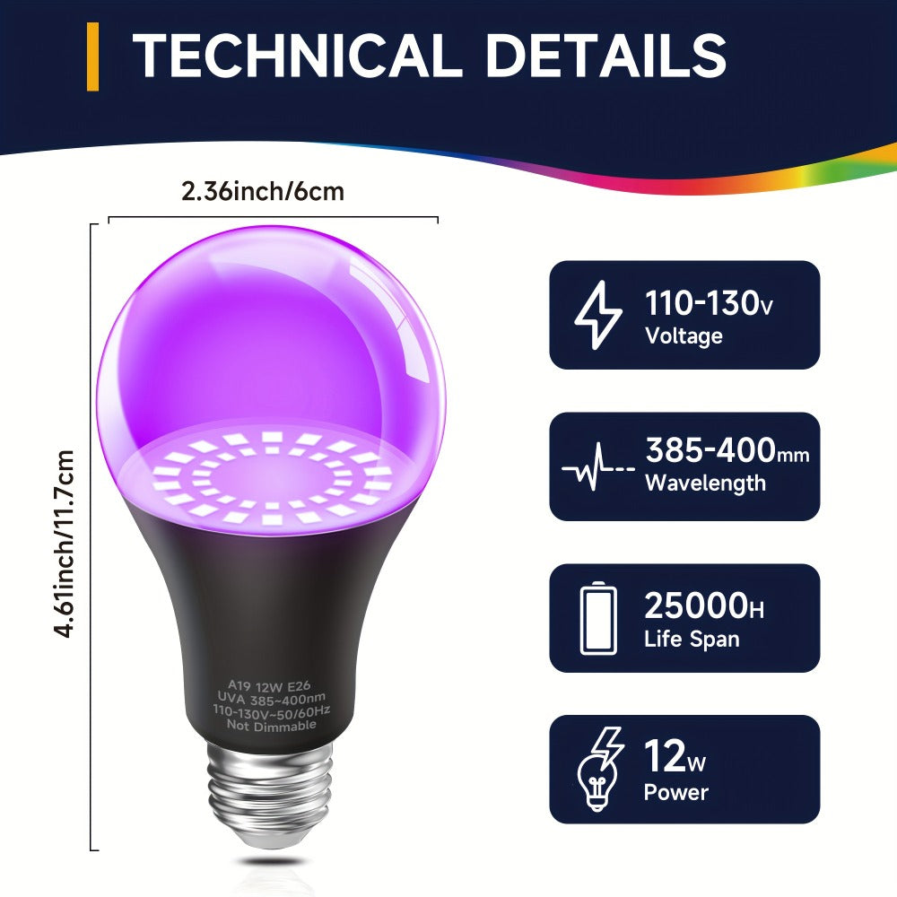 UV Black Light Bulbs 12W LED UVA 385-400nm - Glow in the Dark Party Blacklight Bulb for Halloween