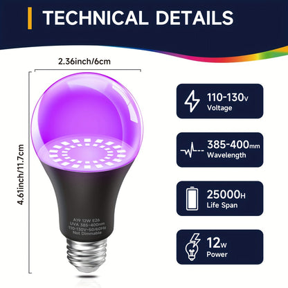 UV Black Light Bulbs 12W LED UVA 385-400nm - Glow in the Dark Party Blacklight Bulb for Halloween