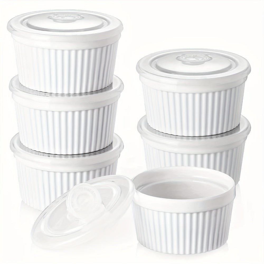 Souffle Dishes Set of 6 Porcelain Ramekins with Lids 8oz Creme Brulee Cups Custard Cups for Entryways, Bedrooms and Living Spaces