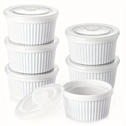 Souffle Dishes Set of 6 Porcelain Ramekins with Lids 8oz Creme Brulee Cups Custard Cups for Entryways, Bedrooms and Living Spaces