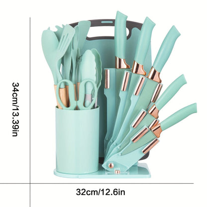 Kitchen Knife Set 19-Piece with Stainless Steel Blades, Wood Handles, Silicone Utensils, Board, Shears and Holder